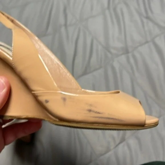 Miu Miu Wedge Patent Leather Pink Nude Sling Back Heel Flawed Size 4